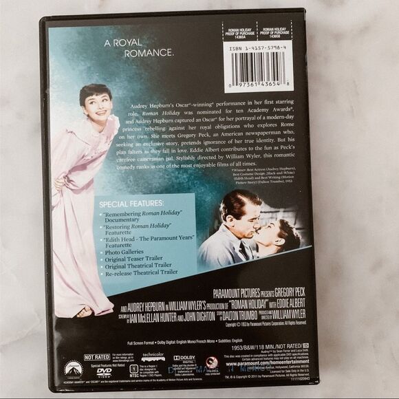 Roman Holiday Full Screen Paramount Pictures DVD (2011) Audrey Hepburn - Picture 2 of 3